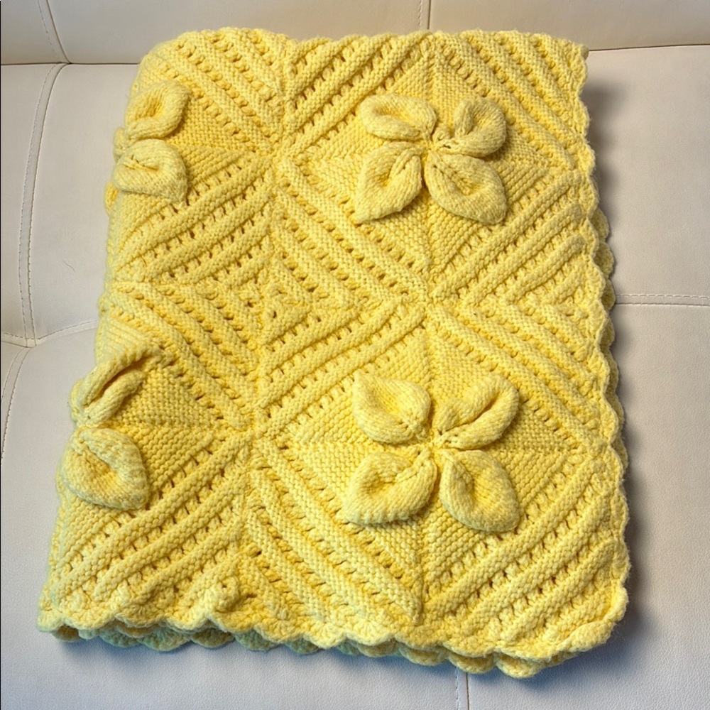 Handmade Yellow Knitted Crochet Throw Blanket with Floral Design - Textured